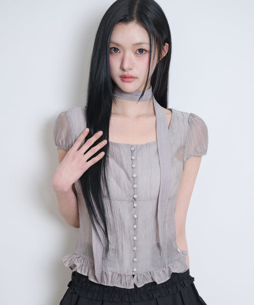 RIBBON SQUARE NECK BLOUSE GREY - 6 COLORS GREY
