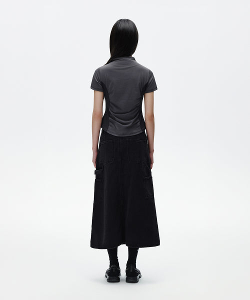 SHIRRING HALF ZIP UP JERSEY TEE - 2 COLORS CHARCOAL