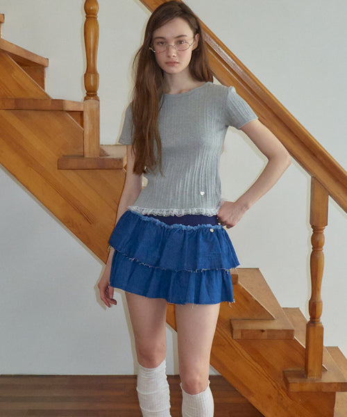 LACE FRILL SLIM CROP PLEATS T SHIRT - 3 COLORS GREY