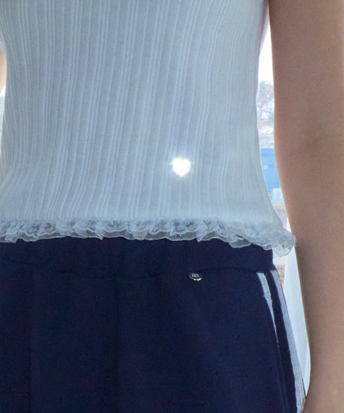 LACE FRILL SLIM CROP PLEATS T SHIRT - 3 COLORS WHITE