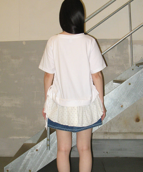 DOT MESH SHIRRING LAYERED LONG T SHIRT WHITE