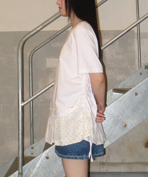 DOT MESH SHIRRING LAYERED LONG T SHIRT WHITE
