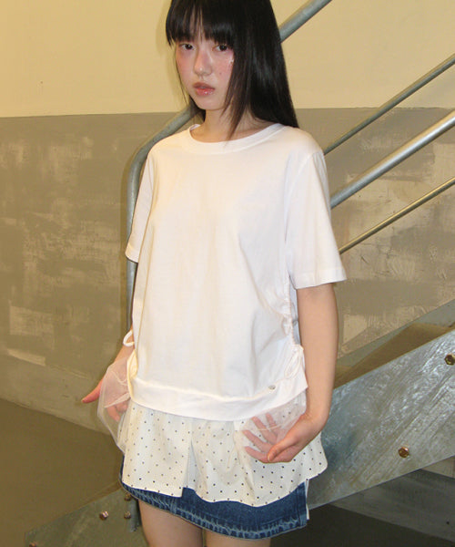 DOT MESH SHIRRING LAYERED LONG T SHIRT WHITE