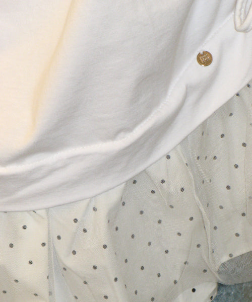 DOT MESH SHIRRING LAYERED LONG T SHIRT WHITE