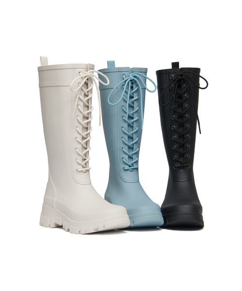 PLATFORM LACEUP RAIN BOOTS LONG - 3 COLORS BLACK