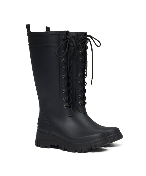 PLATFORM LACEUP RAIN BOOTS LONG - 3 COLORS BLACK