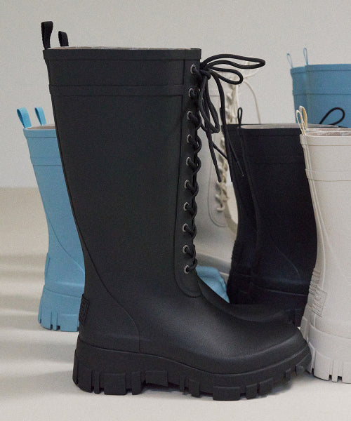 PLATFORM LACEUP RAIN BOOTS LONG - 3 COLORS BLACK