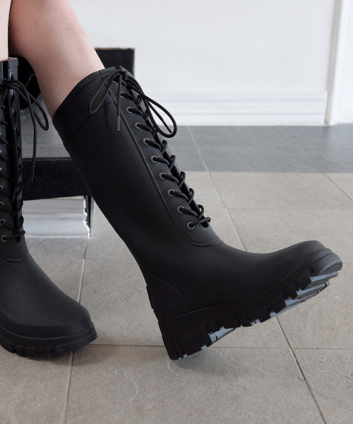 PLATFORM LACEUP RAIN BOOTS LONG - 3 COLORS BLACK