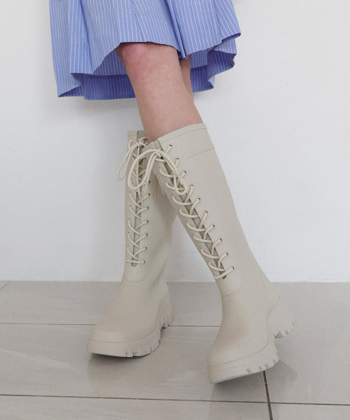 PLATFORM LACEUP RAIN BOOTS LONG - 3 COLORS BLACK