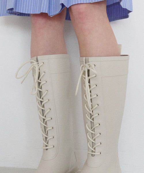 PLATFORM LACEUP RAIN BOOTS LONG - 3 COLORS BLACK