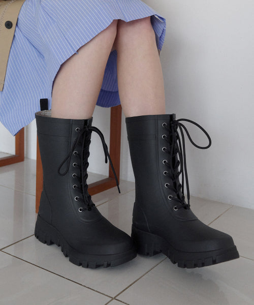 PLATFORM LACEUP RAIN BOOTS MIDDLE - 3 COLORS BLACK