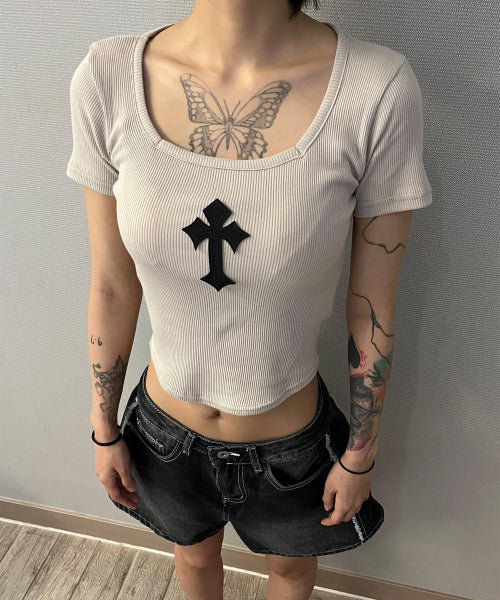 CROSS SQUARE NECK T-SHIRT - 8 COLORS BEIGE