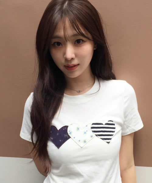 HEART PATCH COTTON T-SHIRT - 2 COLORS WHITE