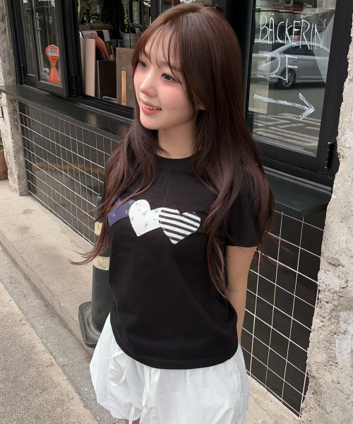 HEART PATCH COTTON T-SHIRT - 2 COLORS BLACK