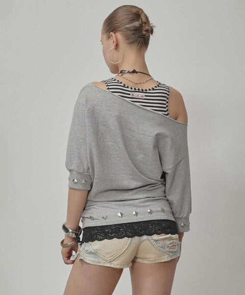 STUD HALF SLEEVE SWEATSHIRT - 3 COLORS MELANGE GREY
