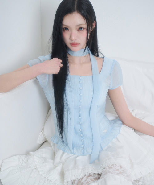 RIBBON SQUARE NECK BLOUSE GREY - 6 COLORS BLUE