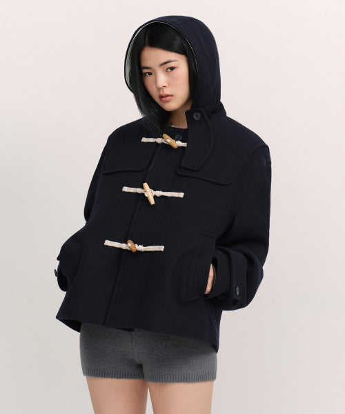WOMENS WOOL BLEND SHORT DUFFLE COAT #韓韶禧同款! - 3 COLORS NAVY