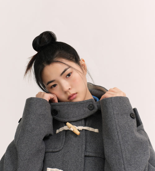 WOMENS WOOL BLEND SHORT DUFFLE COAT #韓韶禧同款! - 3 COLORS GREY