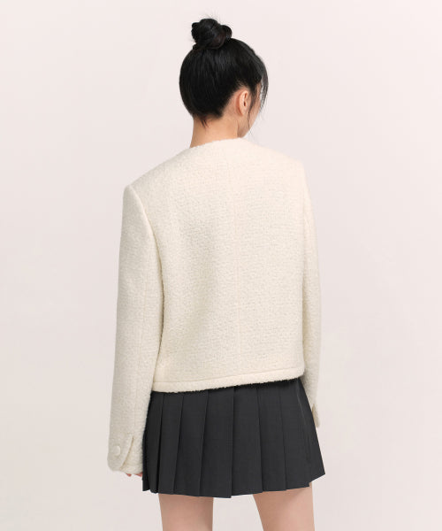 WOMENS WOOL BLEND BOUCLE TWEED JACKET #韓韶禧同款! - 3 COLORS CREAM