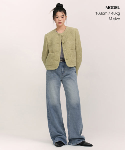 WOMENS WOOL BLEND BOUCLE TWEED JACKET #韓韶禧同款! - 3 COLORS KHAKI