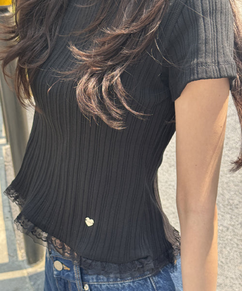 LACE FRILL SLIM CROP PLEATS T SHIRT - 3 COLORS BLACK