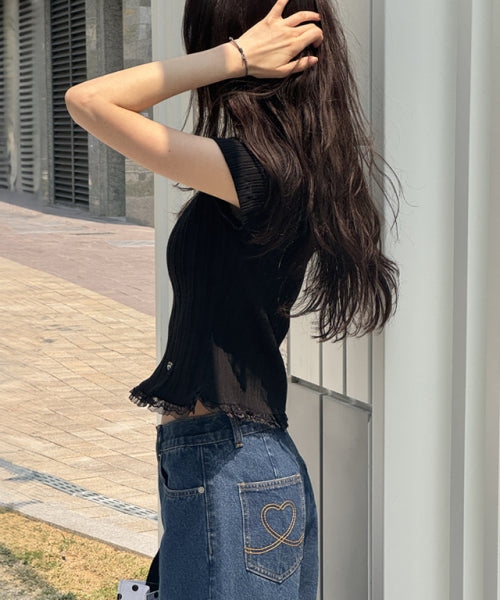 LACE FRILL SLIM CROP PLEATS T SHIRT - 3 COLORS BLACK