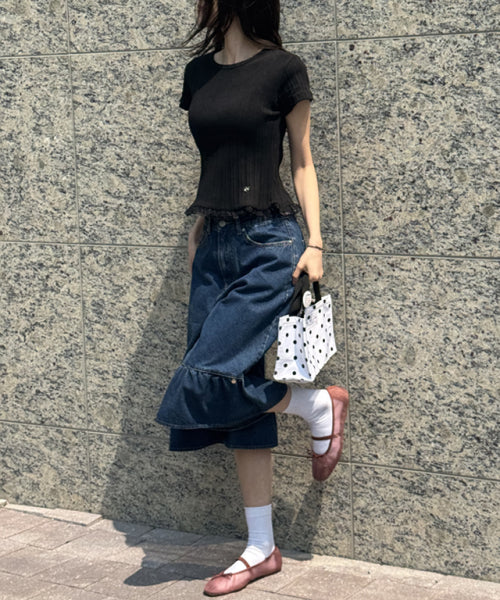 LACE FRILL SLIM CROP PLEATS T SHIRT - 3 COLORS BLACK