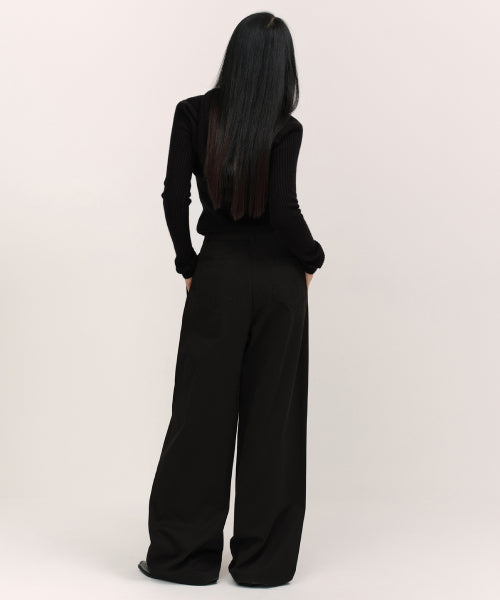 WOMENS DEEP TUCK EXTRA WIDE CHINO PANTS #韓韶禧同款! - 3 COLORS BLACK