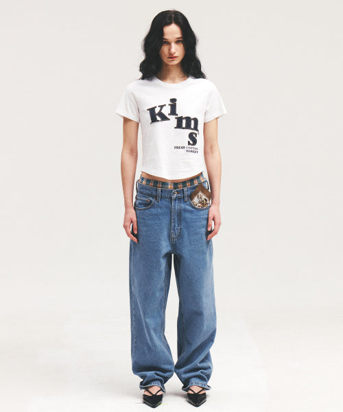 MESSY DENIM APPLIQUE TEE WHITE