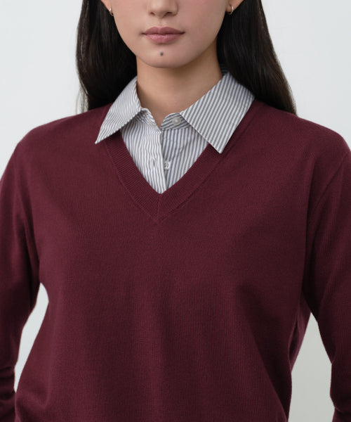 WOMEN'S ESSENTIAL V-NECK KNIT - 9 COLORS BURGUNDY