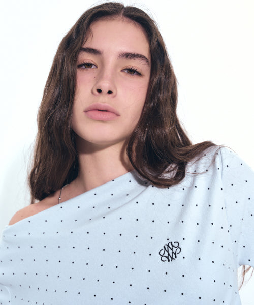 DOT HALF SHIRRING DRAPE BOAT NECK TOP #徐睿知同款! - 4 COLORS AS SHOWN