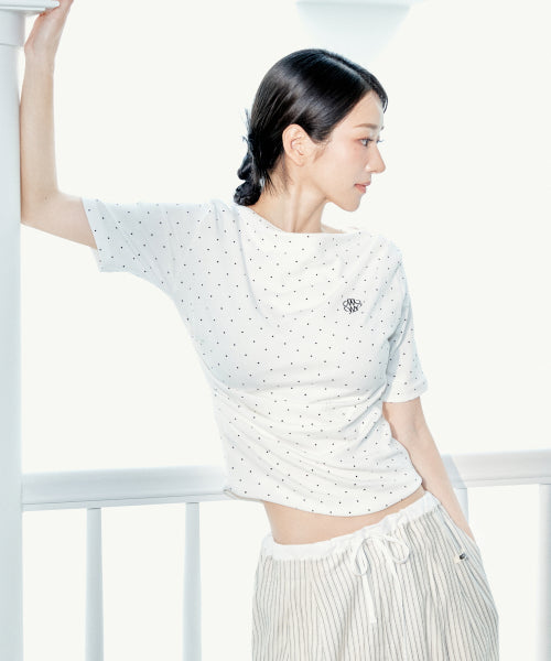 DOT HALF SHIRRING DRAPE BOAT NECK TOP #徐睿知同款! - 4 COLORS IVORY