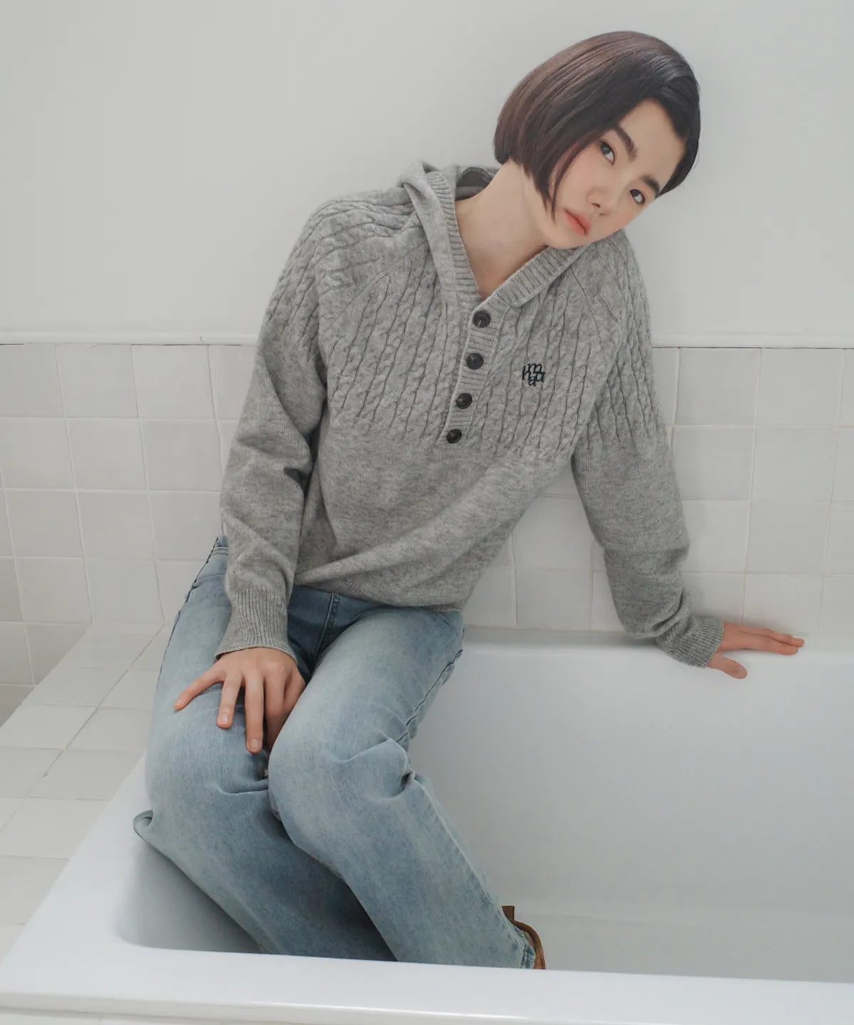 CABLE HALF OPEN HOOD KNIT - 4 COL