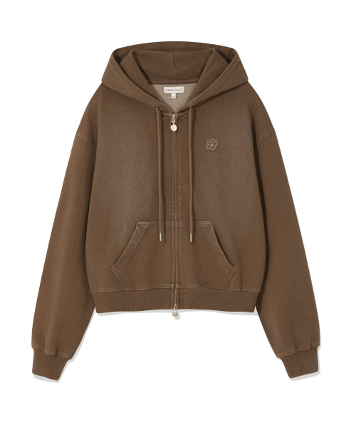 DENIM WASHED CROP HOOD ZIP-UP #GISELLE同款! - 3 COLORS BROWN