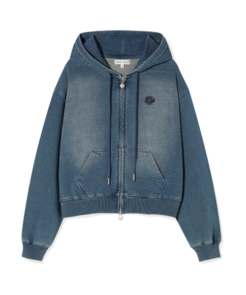 DENIM WASHED CROP HOOD ZIP-UP #GISELLE同款! - 3 COLORS BLUE