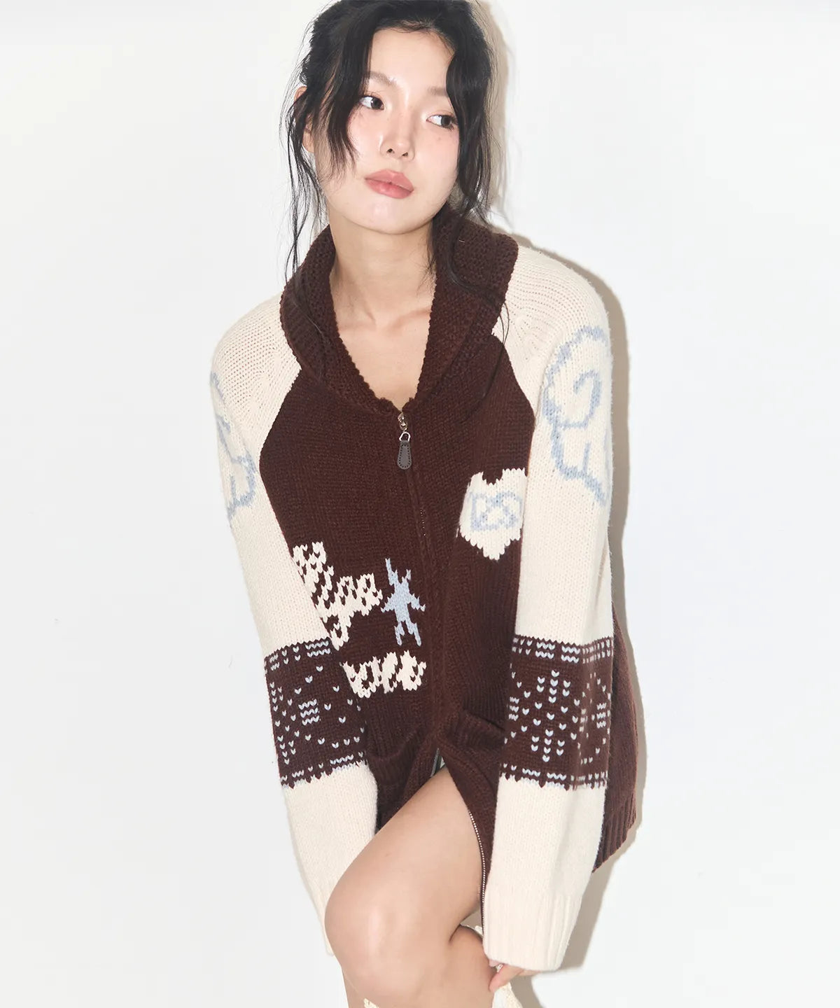 ANGEL RING COWICHAN KNIT ZIP-UP BROWN