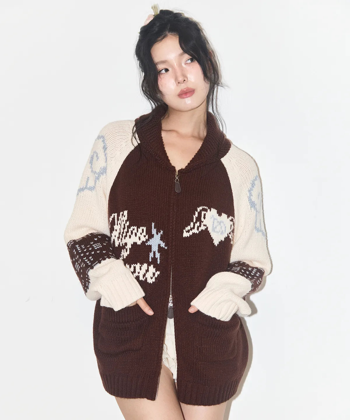 ANGEL RING COWICHAN KNIT ZIP-UP BROWN