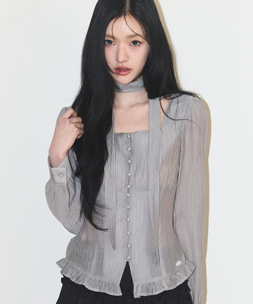 RIBBON SQUARE NECK BLOUSE LONG GREY - 2 COLORS GREY