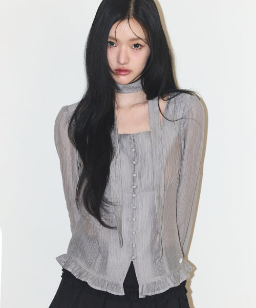 RIBBON SQUARE NECK BLOUSE LONG GREY - 2 COLORS GREY