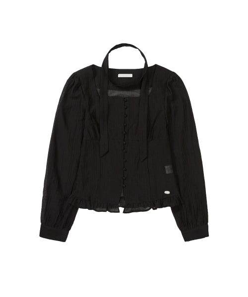 RIBBON SQUARE NECK BLOUSE LONG GREY - 2 COLORS BLACK