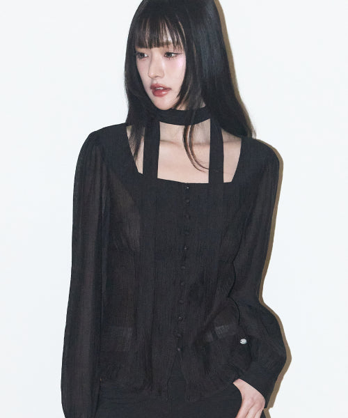 RIBBON SQUARE NECK BLOUSE LONG GREY - 2 COLORS BLACK