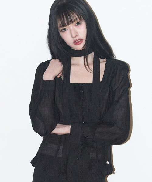 RIBBON SQUARE NECK BLOUSE LONG GREY - 2 COLORS BLACK