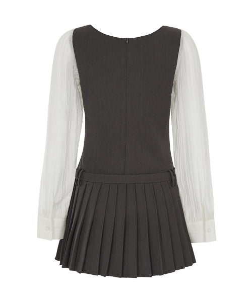 PREPPY RIBBON PLEATS DRESS - 2 COLORS CHARCOAL