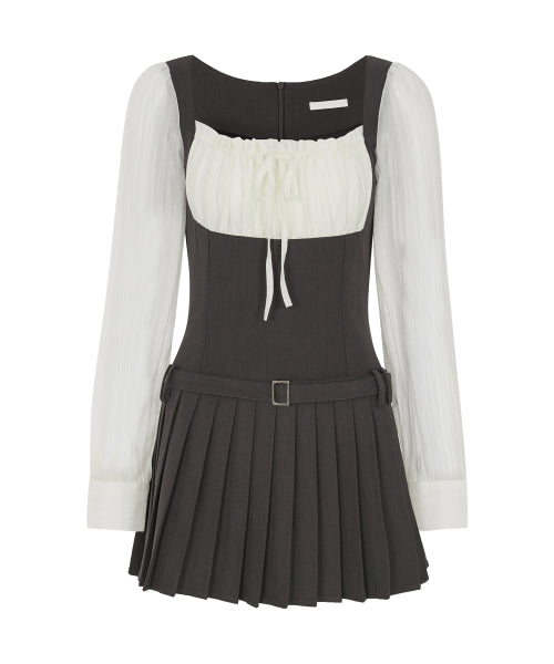 PREPPY RIBBON PLEATS DRESS - 2 COLORS CHARCOAL