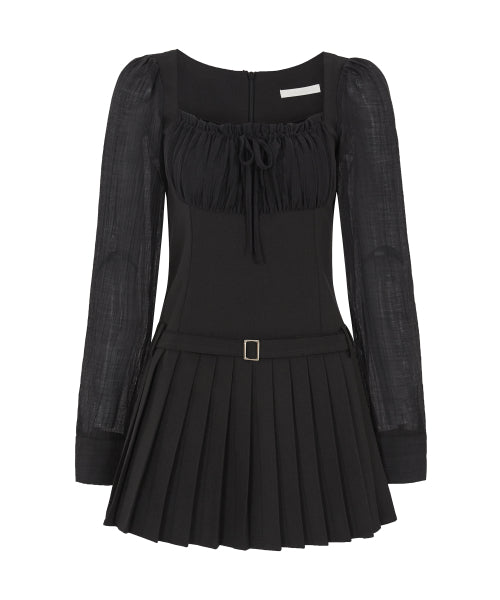 PREPPY RIBBON PLEATS DRESS - 2 COLORS BLACK