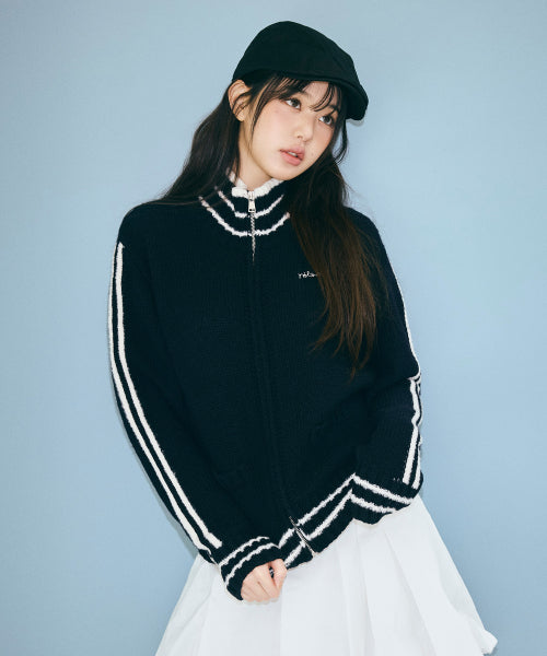 MAISON DE ROLA EMBROIDERY WOOL BLENDED KNIT ZIP-UP BLACK