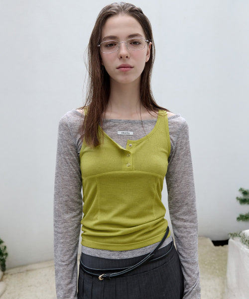 SLEEVELESS LAYERED T-SHIRT SET -  4 colors GRAY+OLIVE