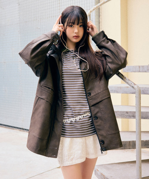 HIGH NECK LEATHER JACKET - 2 COLORS BROWN