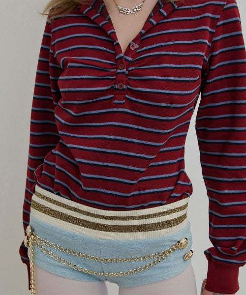 SHIRRING TENNIS SHIRT WINE STRIPE AS SHOWN