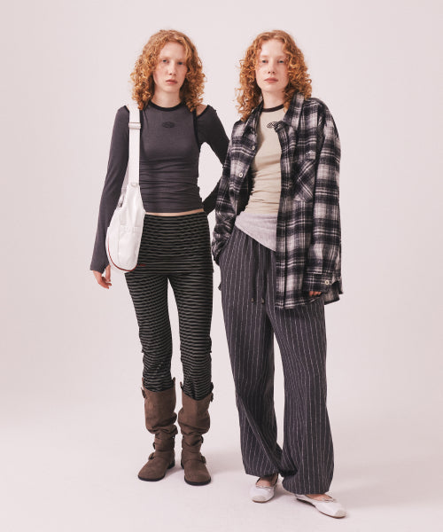 BRUSHED STRIPED SKIRT PANTS - 2 COLORS BLACK